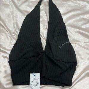 Black Ribbed Halter Crop Top